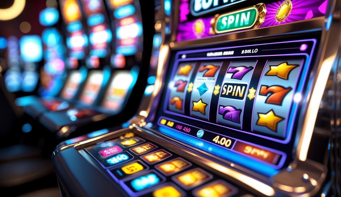Mesin slot kasino modern dengan layar digital menampilkan fitur bonus, putaran gratis, dan simbol scatter yang berwarna-warni.