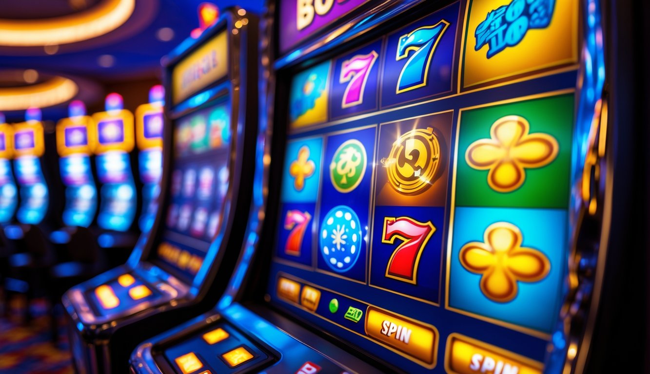 Mesin slot modern dengan simbol bonus, putaran gratis, dan scatter yang berwarna-warni di lingkungan kasino yang ramai.