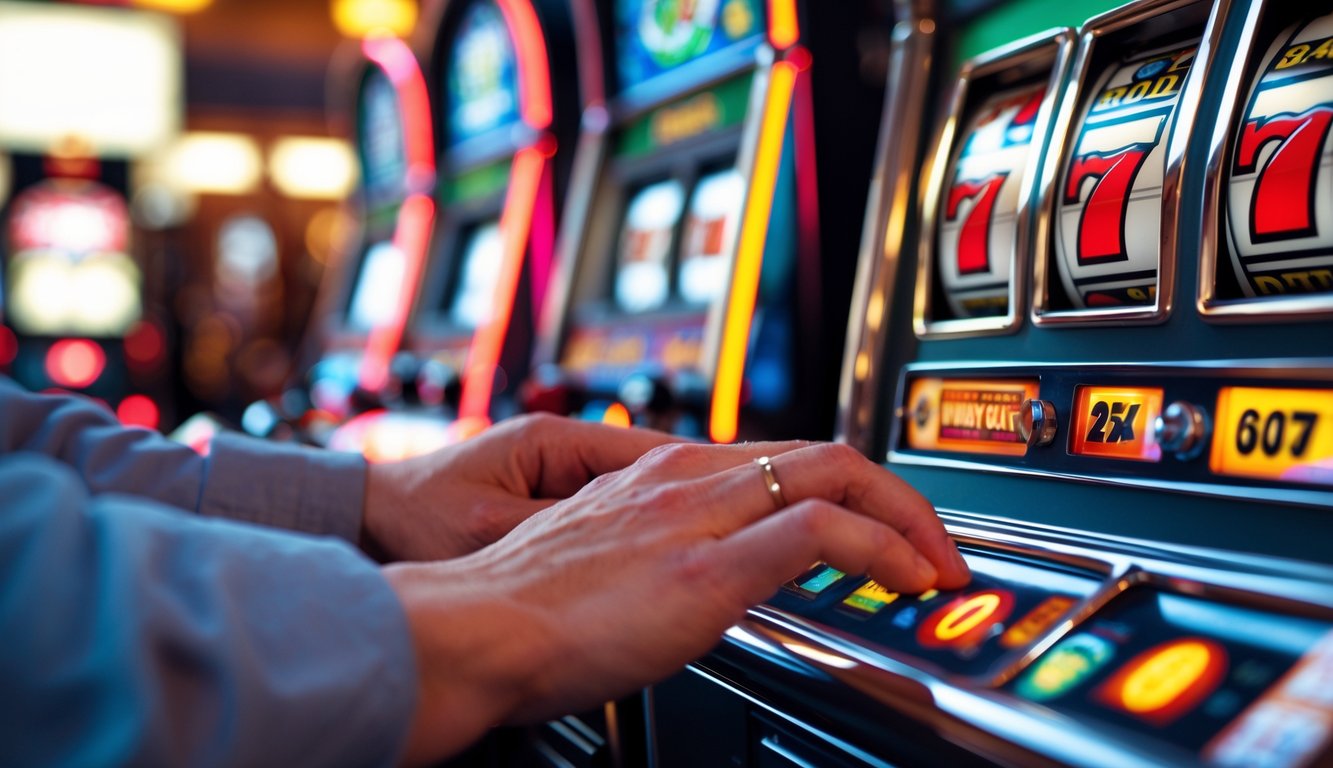 Seorang pemain sedang menekan tombol mesin slot dengan simbol kemenangan di layar mesin slot di kasino.