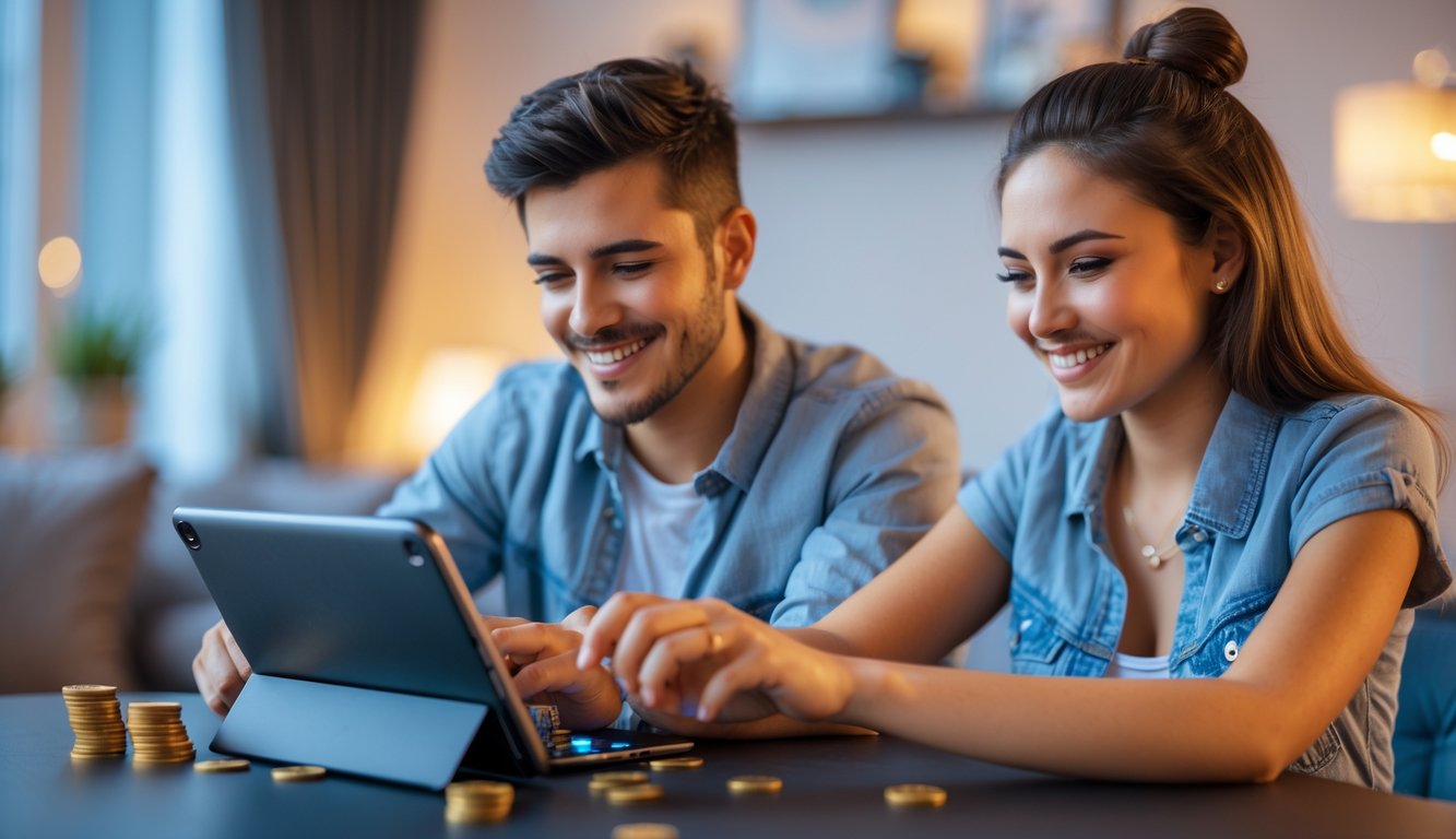 Seorang pria dan wanita muda duduk di meja bermain, fokus memainkan permainan slot digital dengan ekspresi senang.