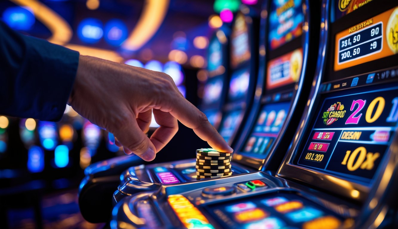 Seseorang sedang menekan tombol putar pada mesin slot di kasino dengan latar belakang mesin slot lainnya.