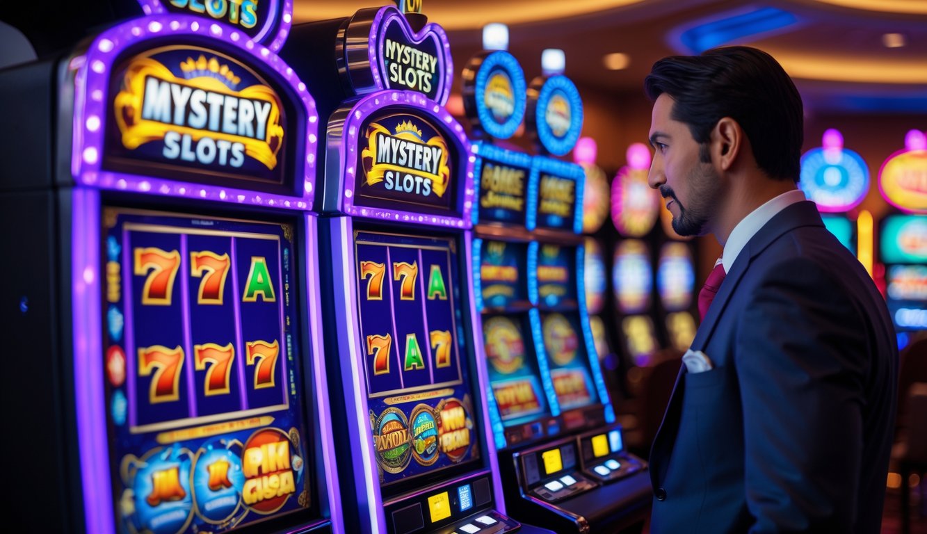 Dua mesin slot berdampingan di lantai kasino dengan satu mesin menampilkan lampu ungu misterius dan satu lagi dengan warna merah keemasan klasik, seorang pemain berdiri di depan keduanya sambil mengamati.