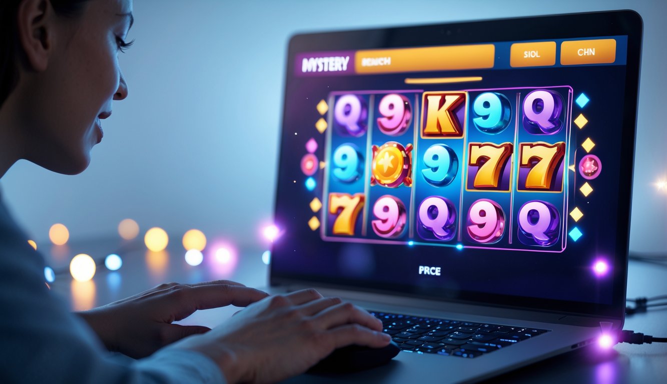 Seorang pemain sedang menggunakan komputer dengan layar menampilkan permainan mystery slots yang berwarna-warni, dengan tangan siap mengoperasikan perangkat.