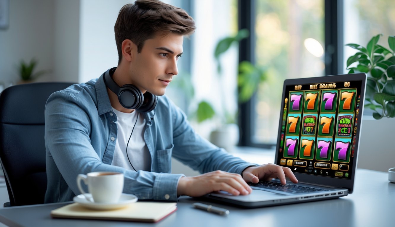 Seorang pria muda duduk di meja dengan laptop yang menampilkan permainan slot, tampak fokus dan siap merencanakan strategi.