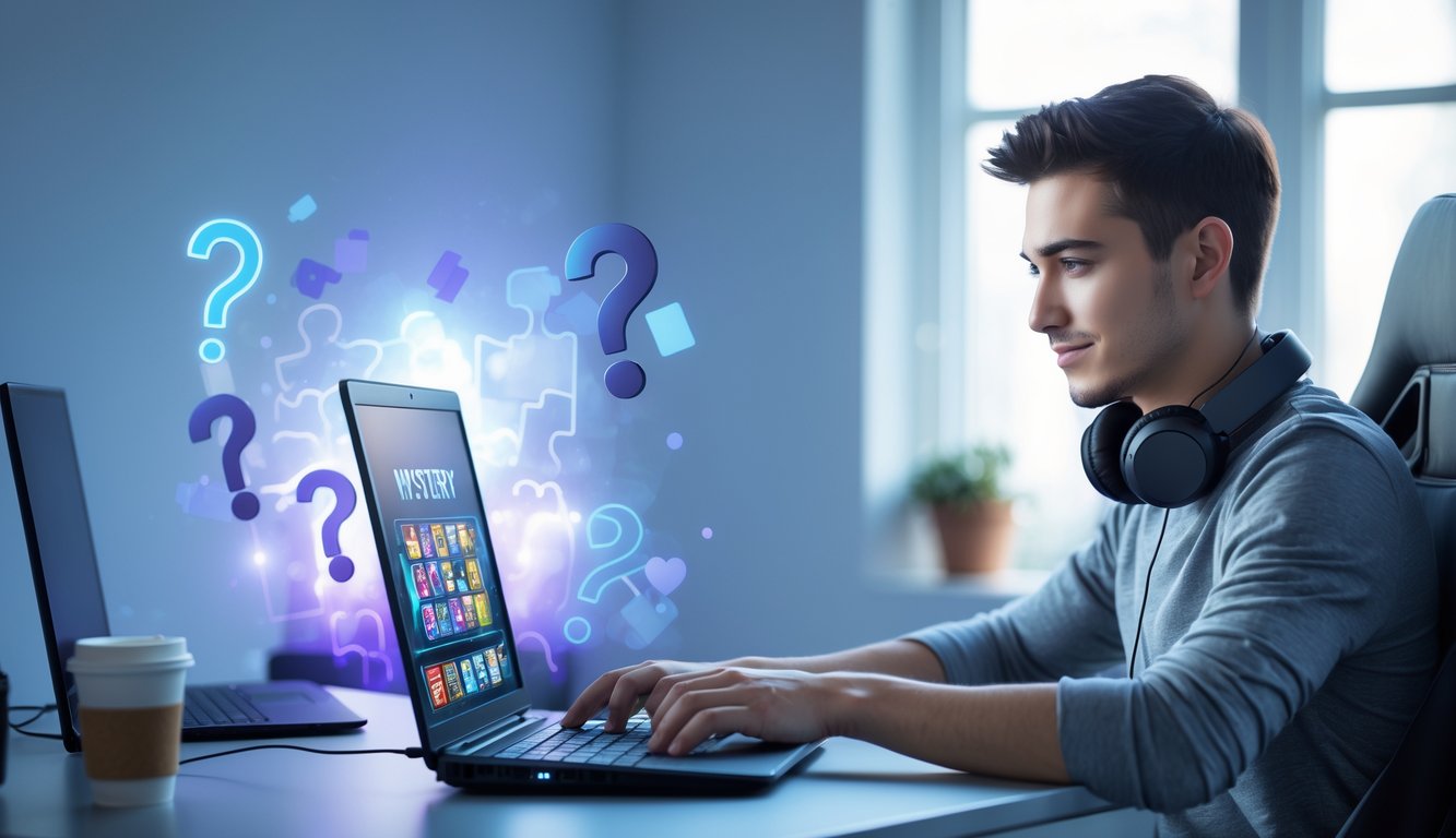 Seorang pria muda fokus bermain permainan slot online di laptop di meja modern dengan latar belakang simbol misteri dan strategi.