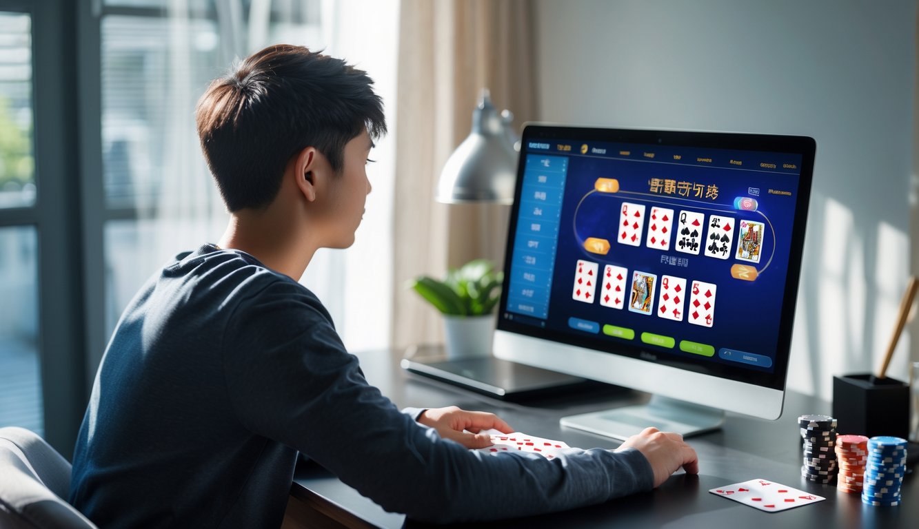 Seorang pemula sedang belajar bermain Chinese Poker online di depan laptop dengan kartu dan chip poker di meja.