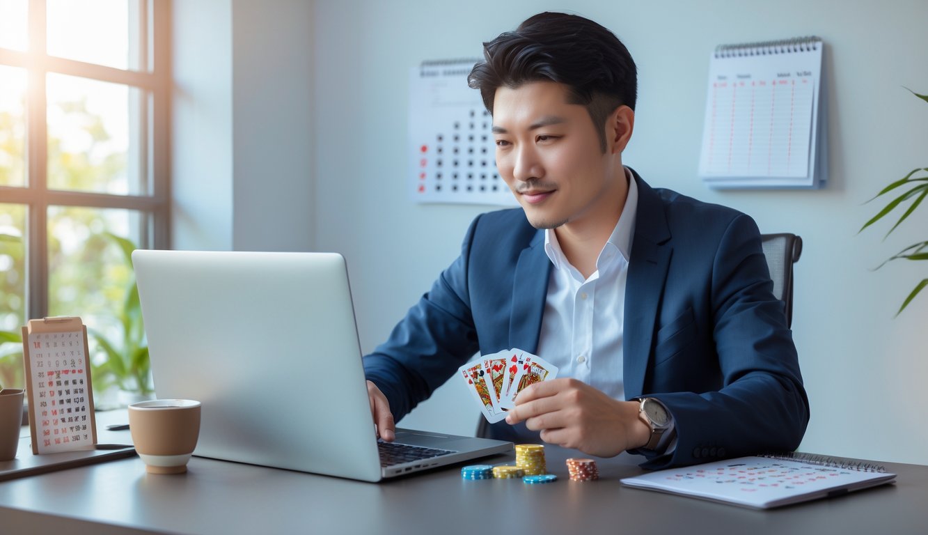 Seorang pria muda fokus bermain poker Cina online di laptop di meja kerja dengan suasana terang dan rapi.