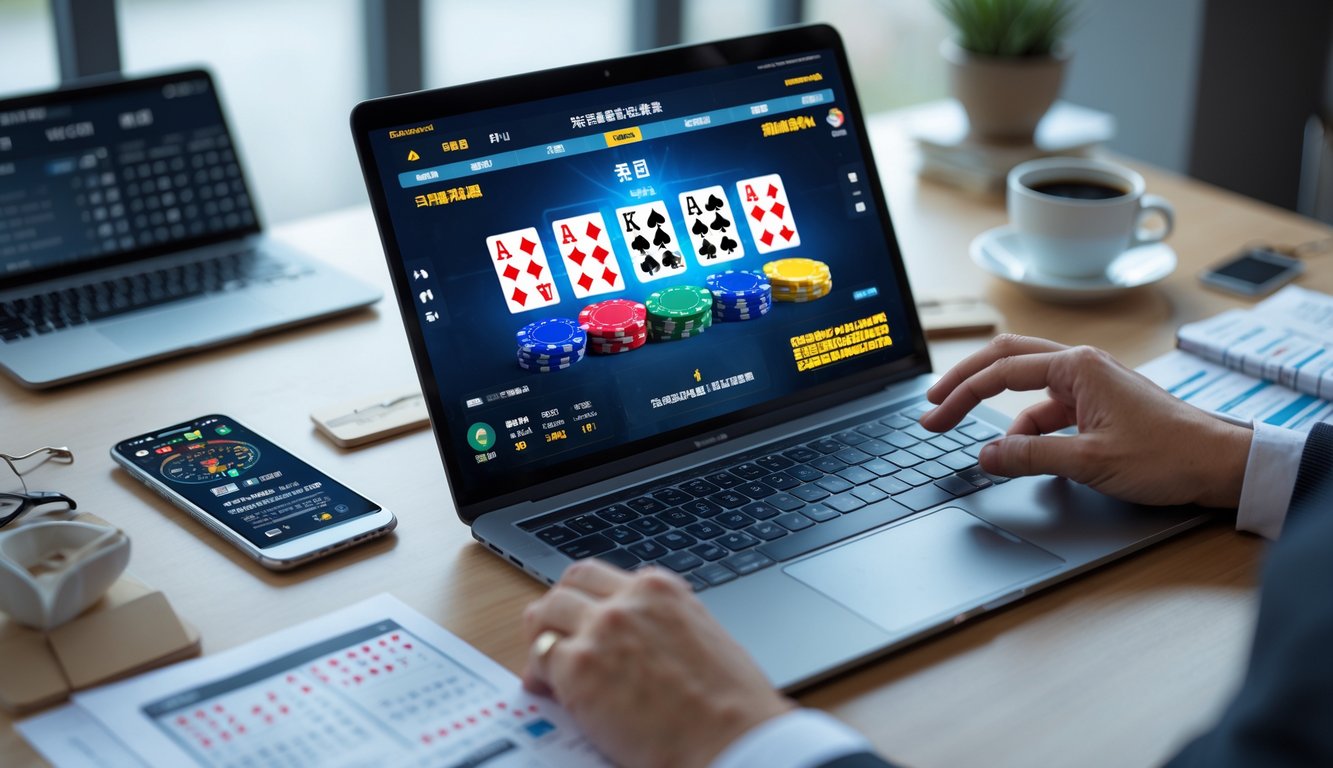 Seorang pemain menggunakan laptop untuk bermain Chinese Poker online dengan kartu poker digital di layar dan catatan strategi di meja.