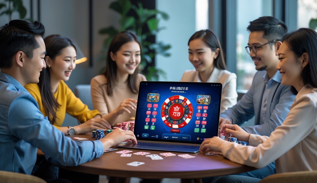 Sekelompok orang bermain poker Cina secara online menggunakan laptop di ruang tamu yang nyaman.