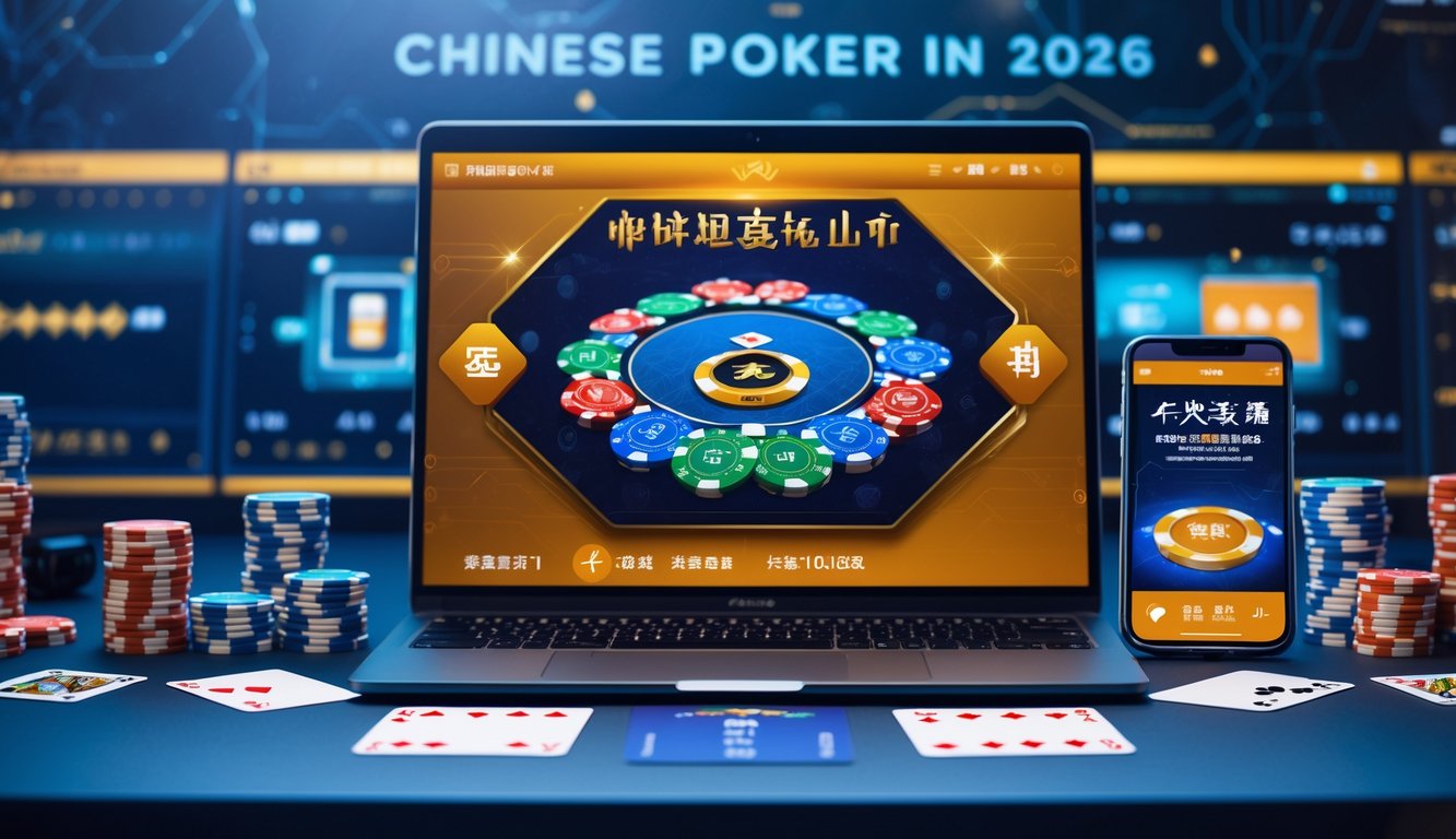 Meja kerja dengan laptop yang menampilkan permainan Chinese Poker online, kartu remi, dan chip poker di sekitarnya.