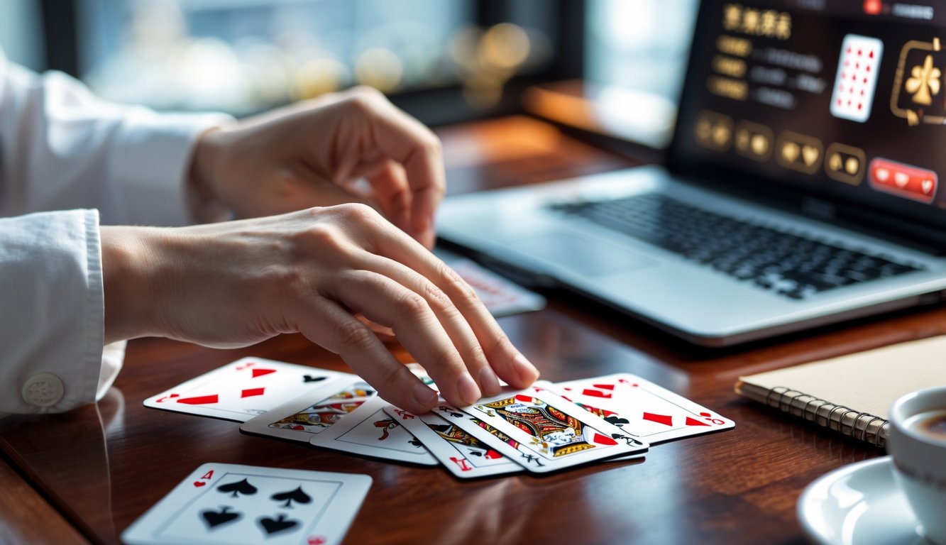 Tangan seseorang sedang menyusun kartu di atas meja dengan laptop yang menampilkan permainan Chinese Poker di latar belakang.