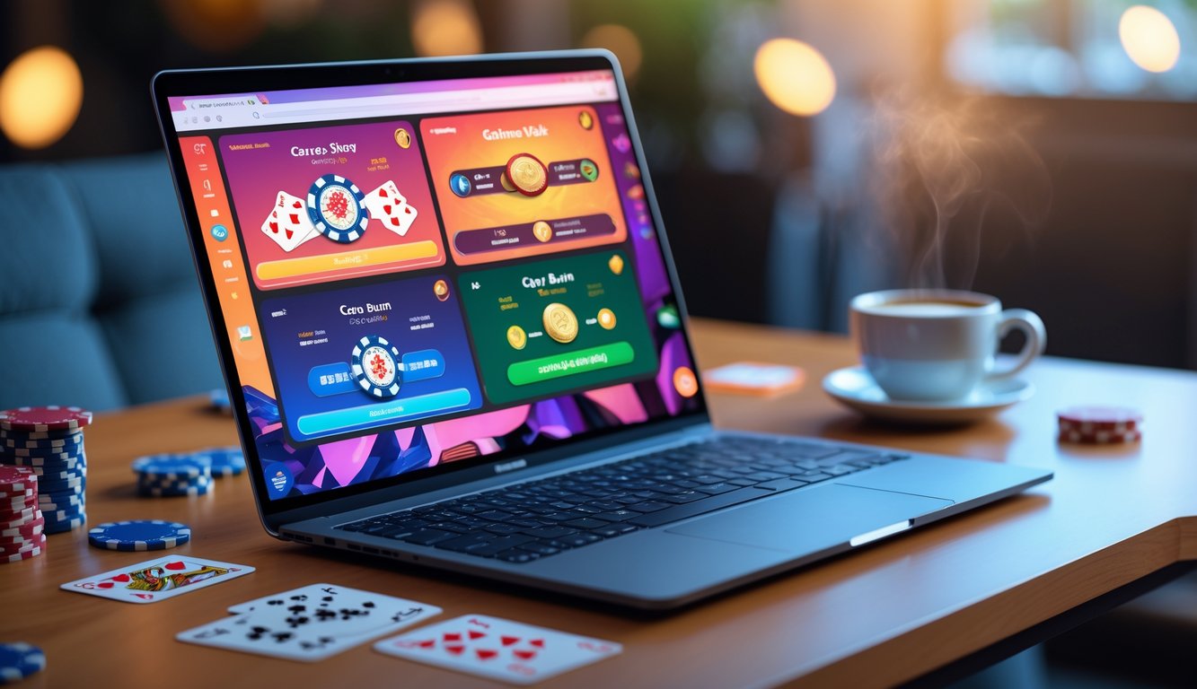 Meja dengan laptop dan ponsel yang menampilkan permainan kartu online, dikelilingi chip poker dan kartu remi.