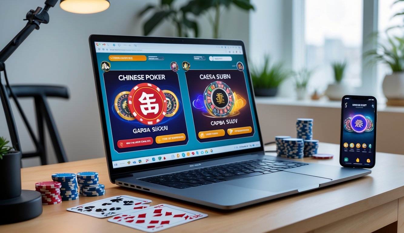 Sebuah laptop dengan tampilan permainan kartu online Chinese Poker dan Capsa Susun, dikelilingi oleh chip poker dan kartu di atas meja di ruang kerja rumah.