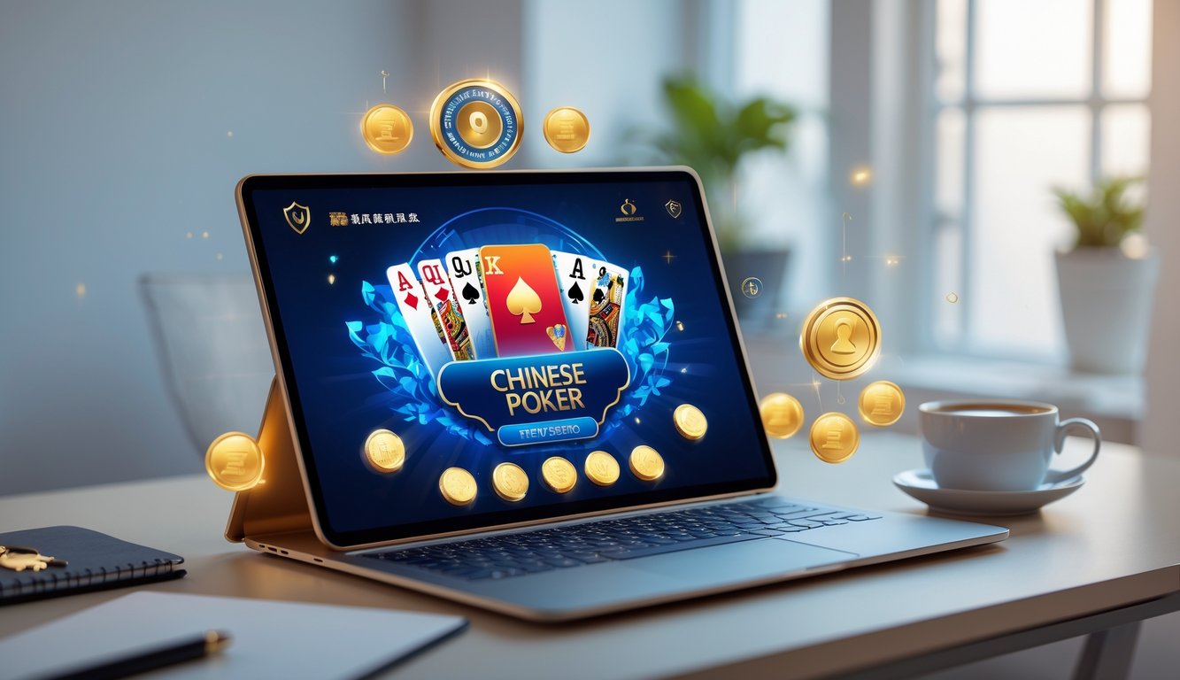 Seorang pemain menggunakan laptop untuk bermain Chinese Poker online di meja kerja yang rapi dan terang.