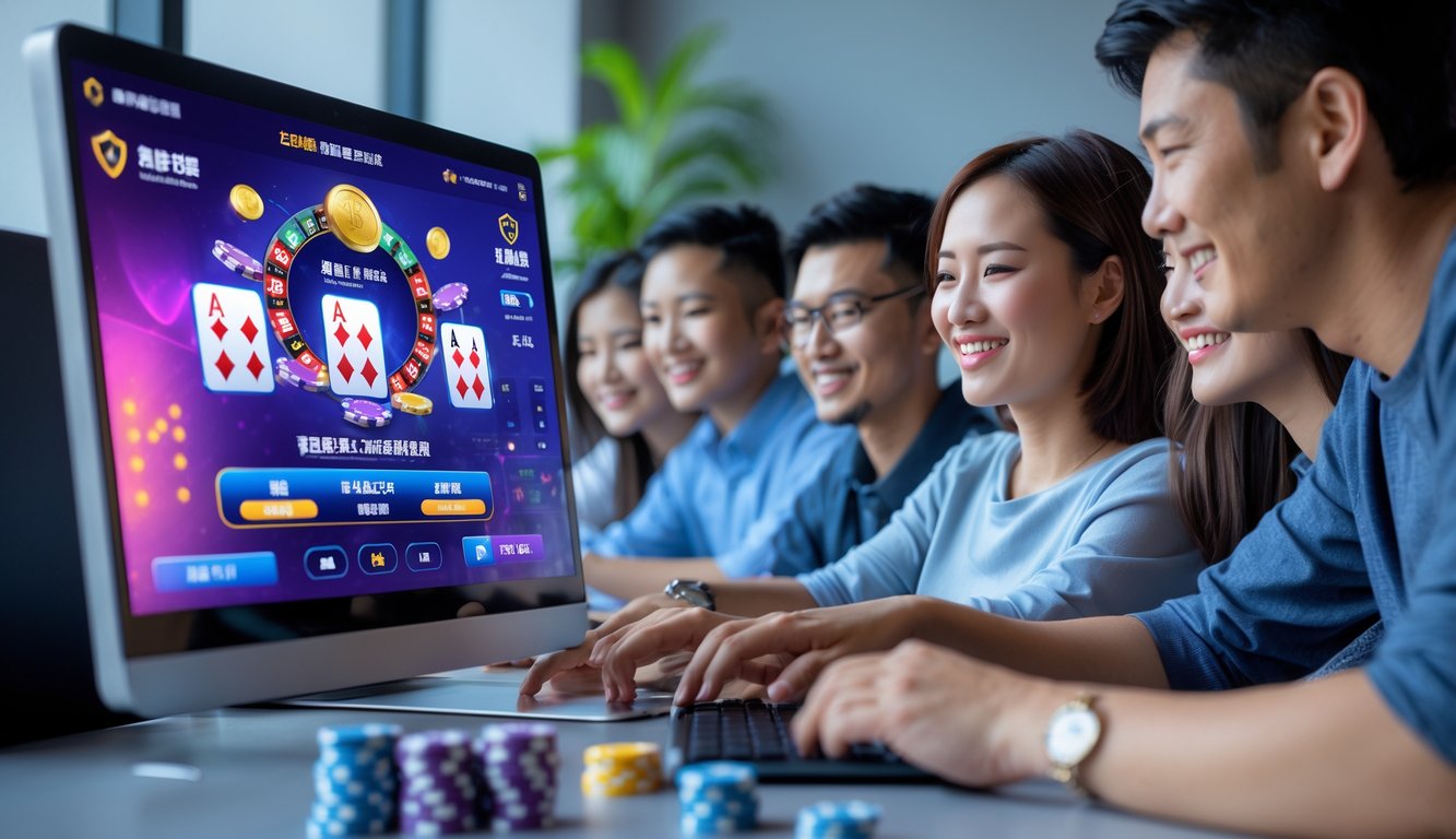 Beberapa orang muda sedang bermain Chinese Poker secara online di depan komputer dengan suasana yang cerah dan profesional.