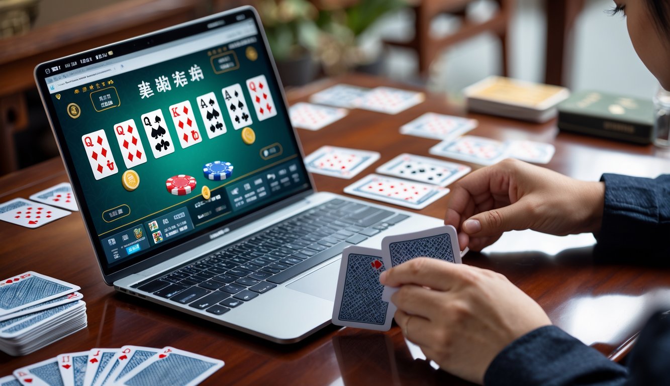 Seorang pemain sedang menyusun kartu Chinese Poker di depan laptop dengan kartu tersebar di meja kayu.
