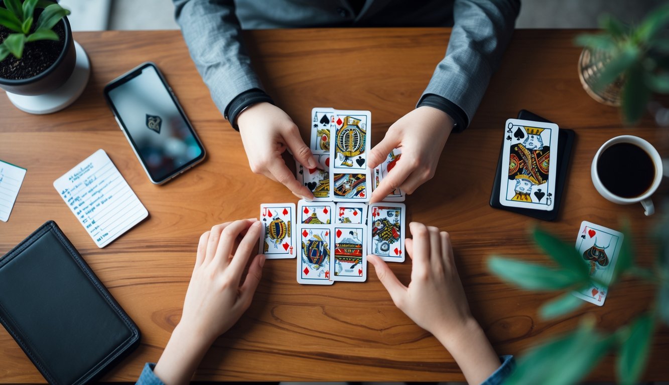 Tangan sedang menyusun kartu Chinese Poker di atas meja kayu dengan beberapa alat pendukung seperti ponsel dan catatan di sekitarnya.
