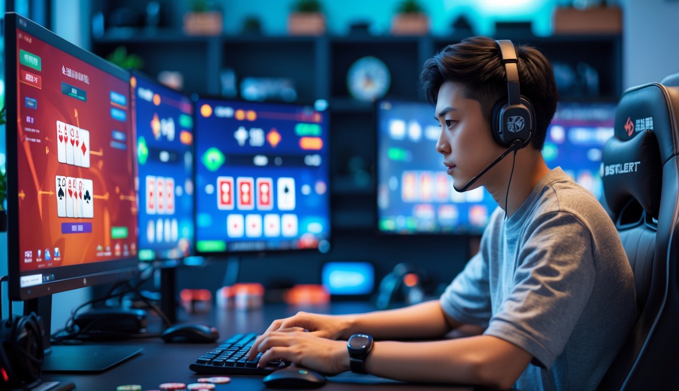 Seorang pemain fokus bermain poker Cina online di depan komputer dengan layar menampilkan kartu poker dan suasana ruangan yang modern.