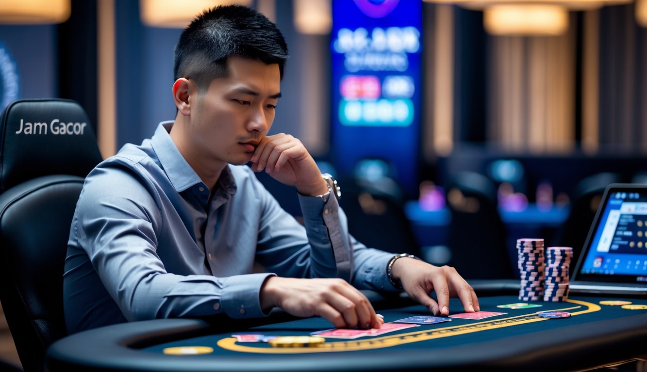 Seorang pemain poker profesional sedang fokus bermain Chinese Poker di meja dengan kartu terbuka dan perangkat digital di sekitarnya.