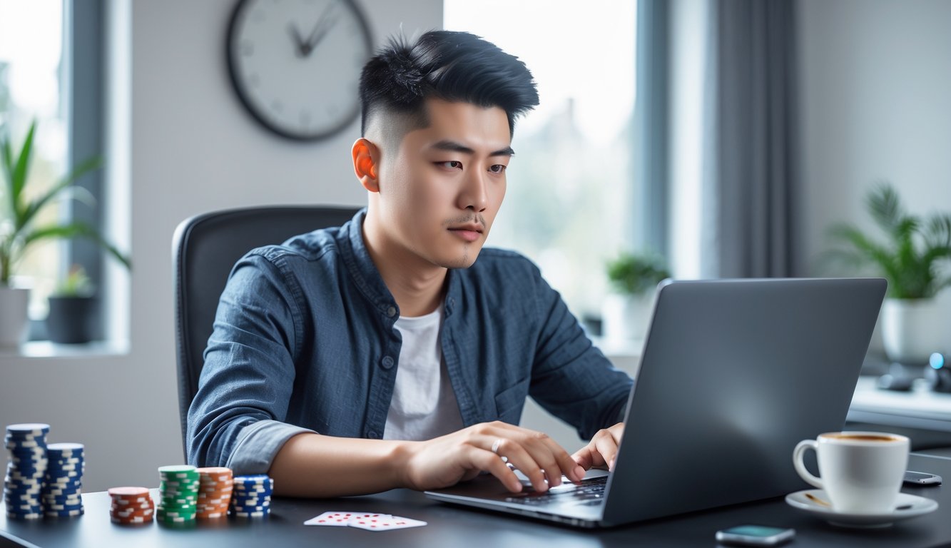 Seorang pria muda fokus bermain Chinese Poker online di laptop di meja kerja modern dengan chip poker dan kartu bermain di sekitarnya.