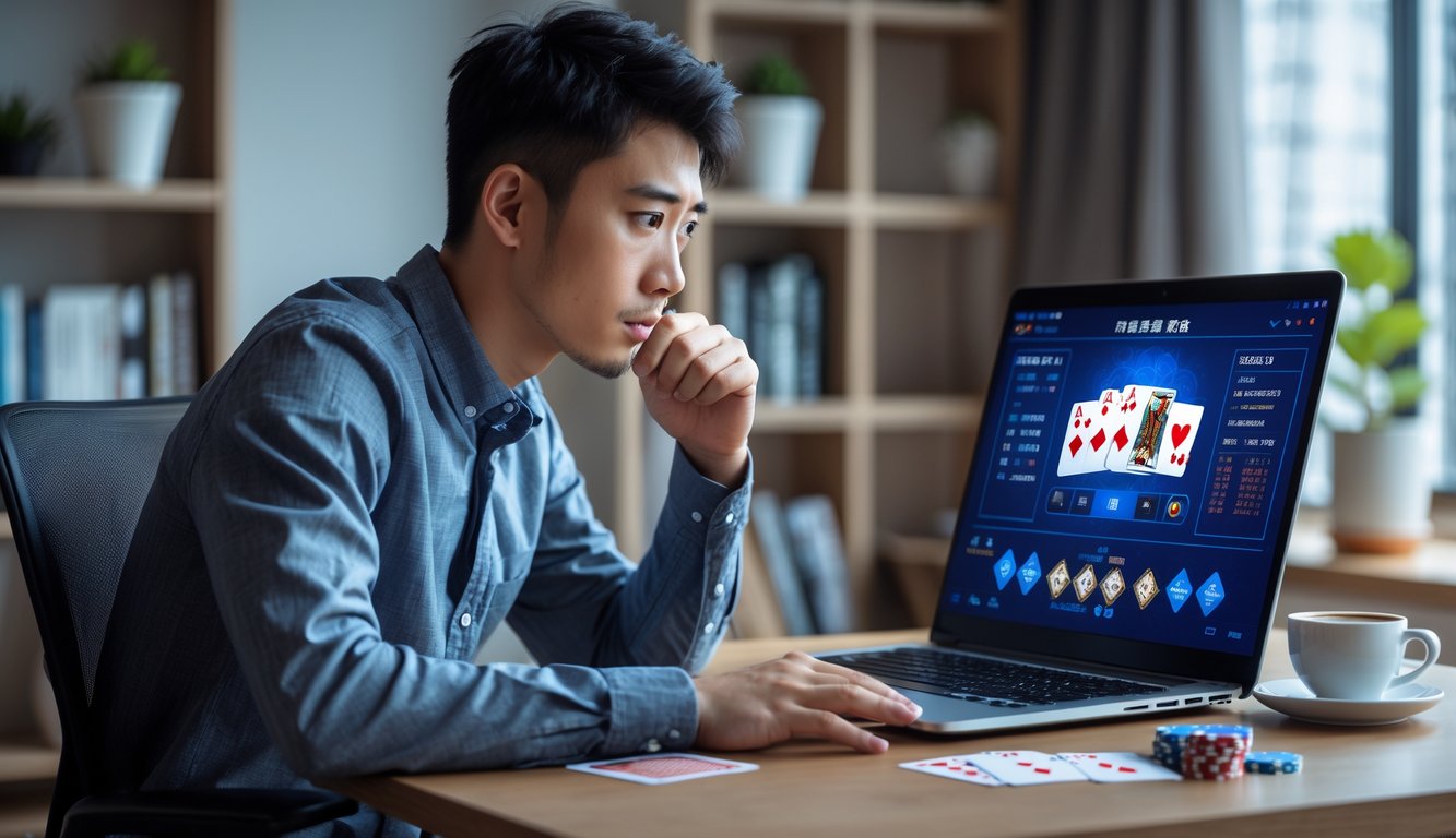 Seorang pria muda duduk di depan laptop di ruang kerja rumah, terlihat fokus dan memikirkan permainan Chinese Poker online dengan kartu dan chip poker di mejanya.