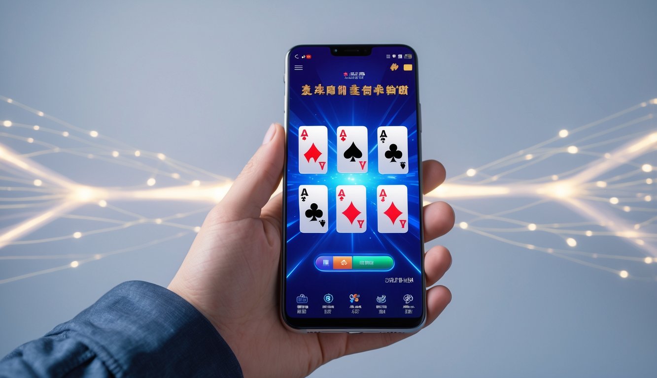 Seseorang memegang smartphone yang menampilkan permainan Chinese Poker dengan kartu yang terlihat jelas di layar.