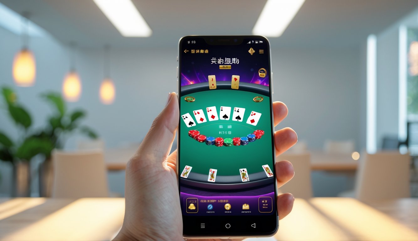 Seseorang memegang smartphone yang menampilkan permainan Chinese Poker online dengan kartu berwarna cerah di layar.