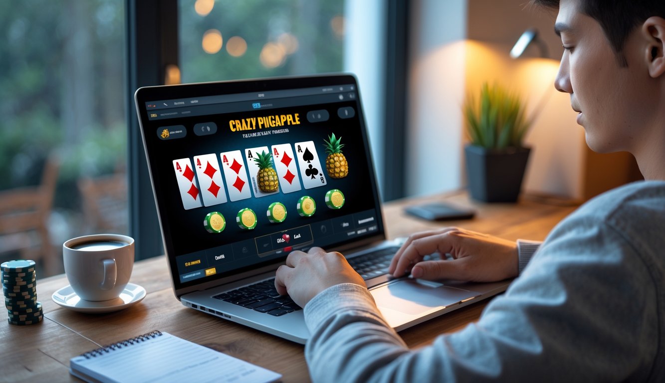 Seorang dewasa muda bermain poker online di laptop di ruang tamu yang nyaman dengan cahaya alami.