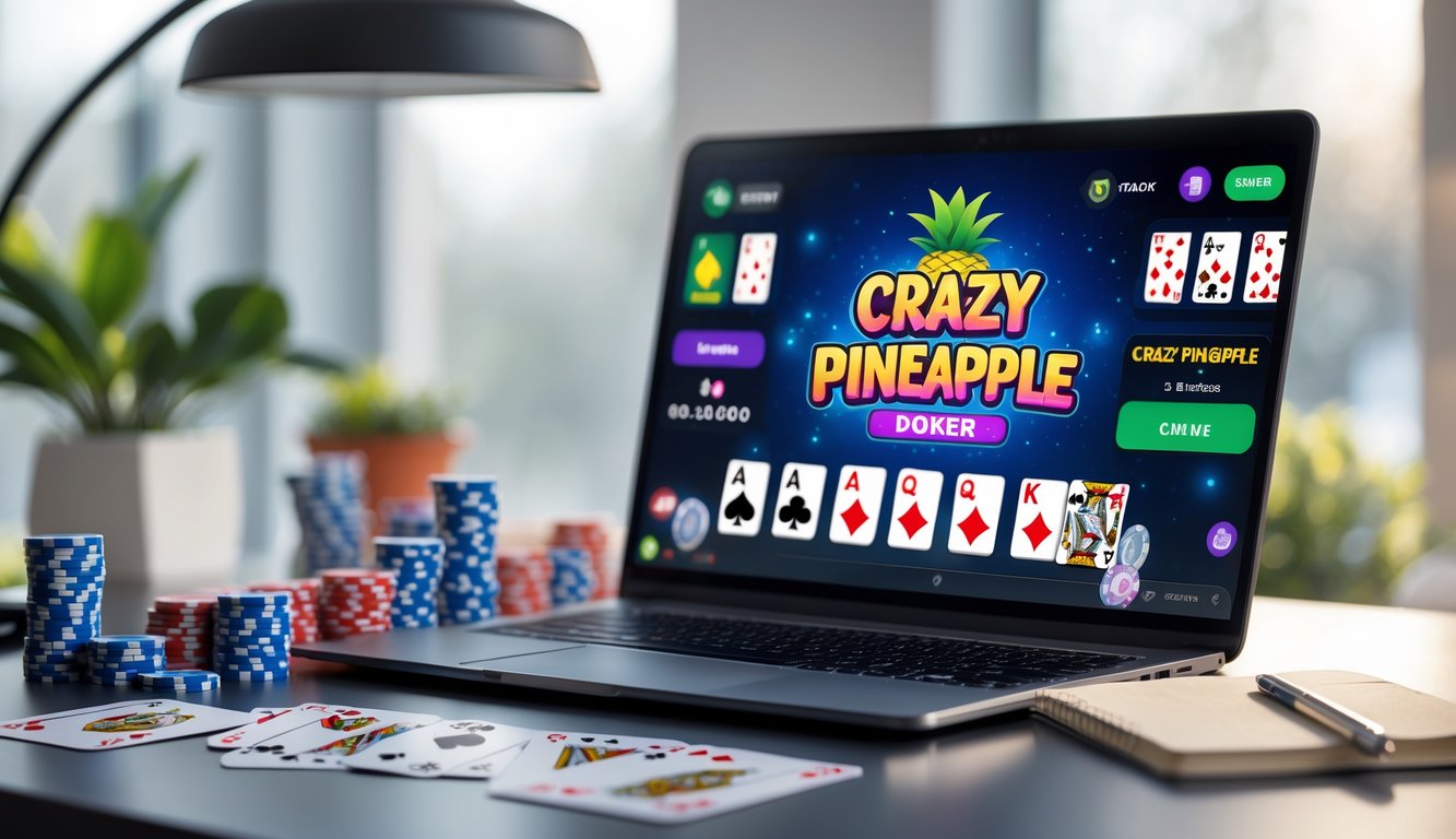 Seorang pemain poker online dengan laptop menampilkan permainan Crazy Pineapple, dikelilingi chip poker dan kartu di meja kerja yang terang.