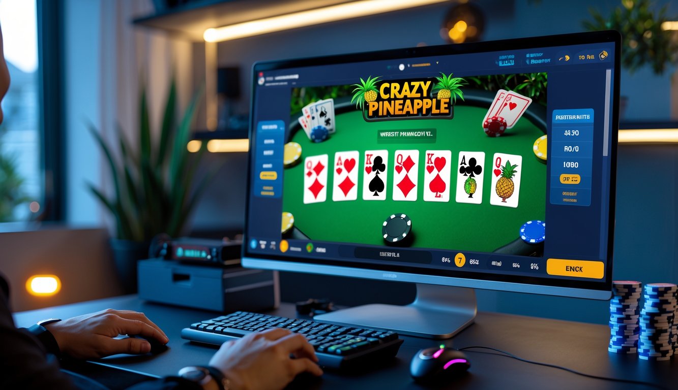 Seorang pemain sedang bermain poker online Crazy Pineapple di depan komputer dengan tumpukan chip poker di meja.