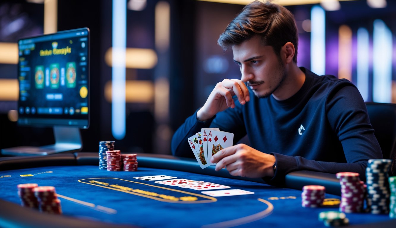 Seorang pemain poker fokus bermain di meja poker online Crazy Pineapple dengan kartu dan tumpukan chip di depan.