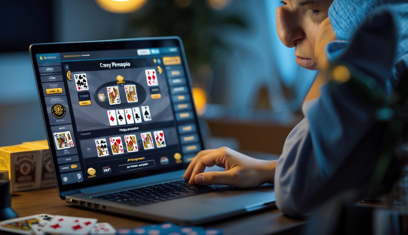 Seorang dewasa muda fokus bermain poker online di depan laptop dengan kartu dan chip terlihat di layar.