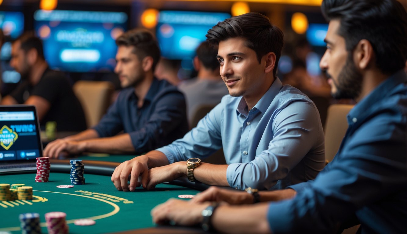 Seorang pemain poker fokus duduk di meja poker dengan kartu dan chip, memperhatikan permainan online Crazy Pineapple.