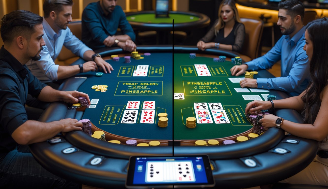 Meja poker modern dengan pemain yang sedang bermain Texas Hold’em dan Crazy Pineapple secara berdampingan, menunjukkan perbedaan permainan dengan kartu dan chip poker.