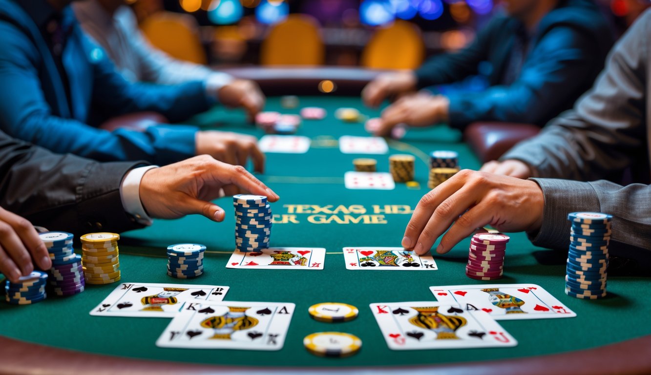 Meja poker dengan pemain yang sedang bermain Texas Hold’em dan Crazy Pineapple, memperlihatkan kartu dan chip poker di atas meja.