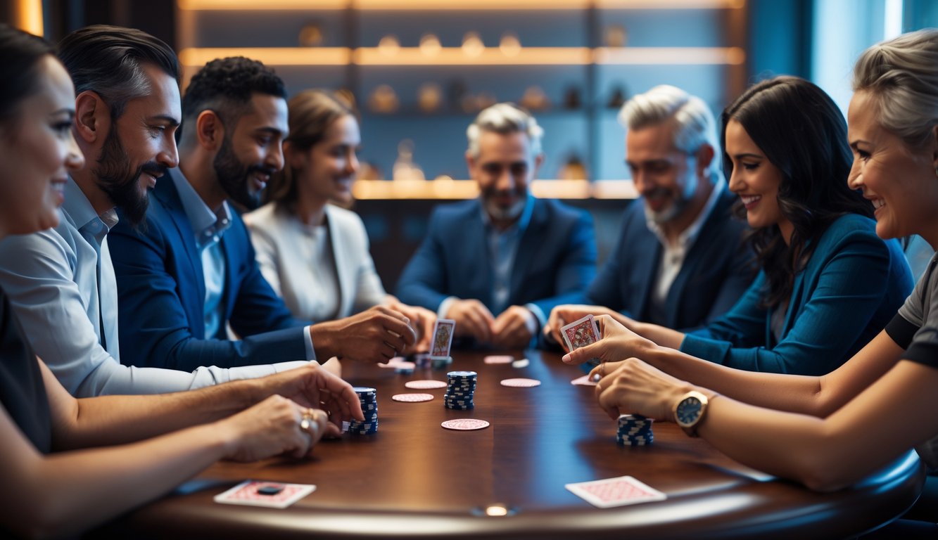 Sekelompok orang sedang bermain poker di meja kayu dengan suasana hangat dan fokus.