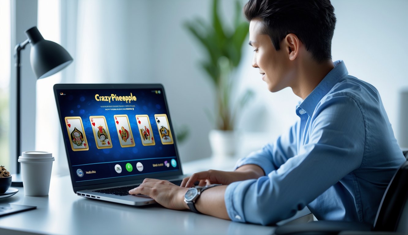 Seorang dewasa muda duduk di meja modern, fokus pada layar laptop yang menampilkan permainan poker online dengan kartu dan chip, di ruang yang terang dan rapi.