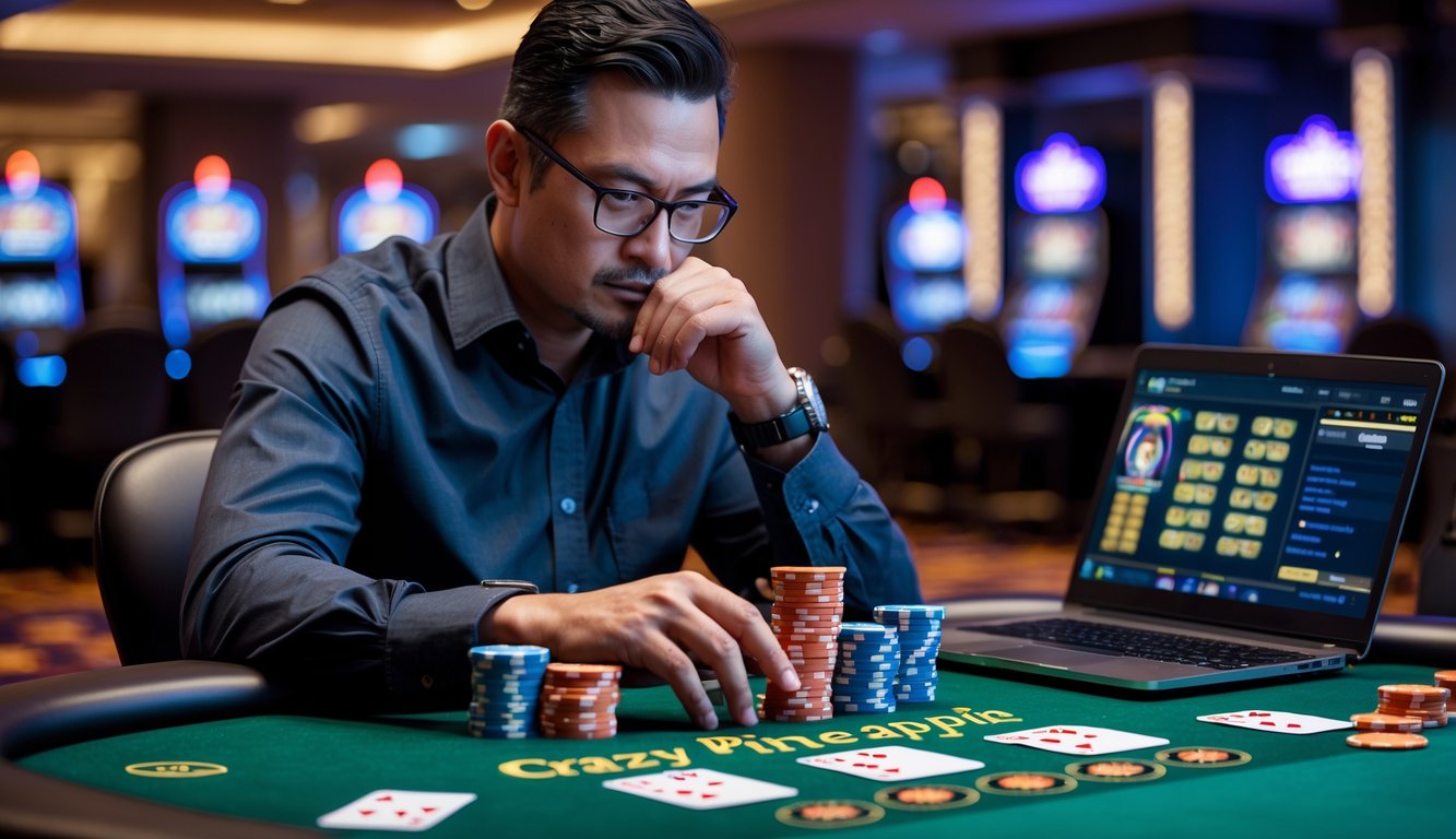 Seorang pria fokus duduk di meja poker dengan chip dan kartu, bermain poker online Crazy Pineapple.