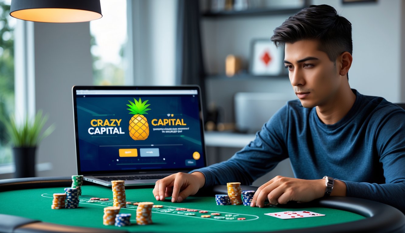 Seorang pria muda duduk di meja poker dengan chip dan kartu, menggunakan laptop untuk bermain poker online, tampak fokus dan sedang menghitung chip.