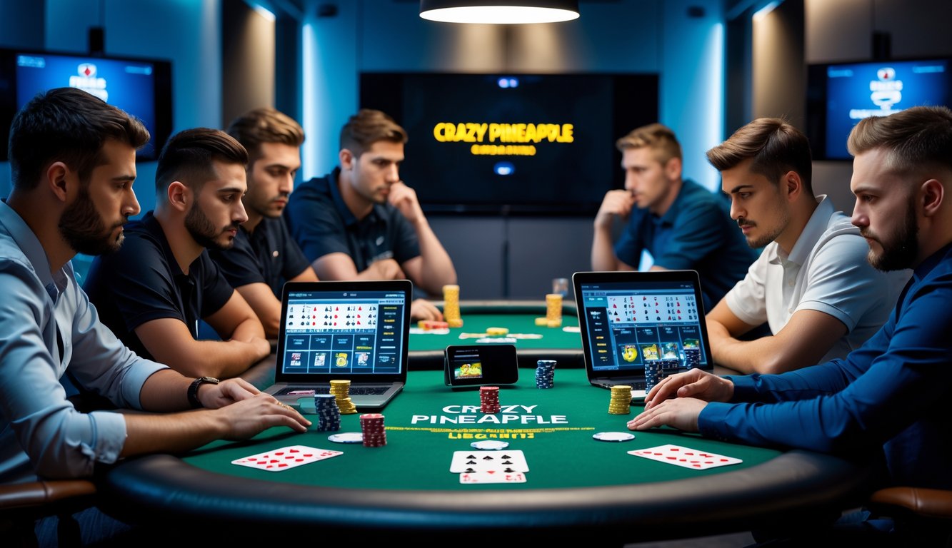 Sekelompok pemain serius sedang bermain poker online Crazy Pineapple di meja poker dengan kartu dan chip, menggunakan perangkat digital.