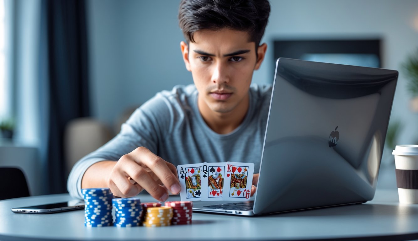 Seorang dewasa muda serius bermain poker Crazy Pineapple online menggunakan laptop di ruangan modern yang terang.