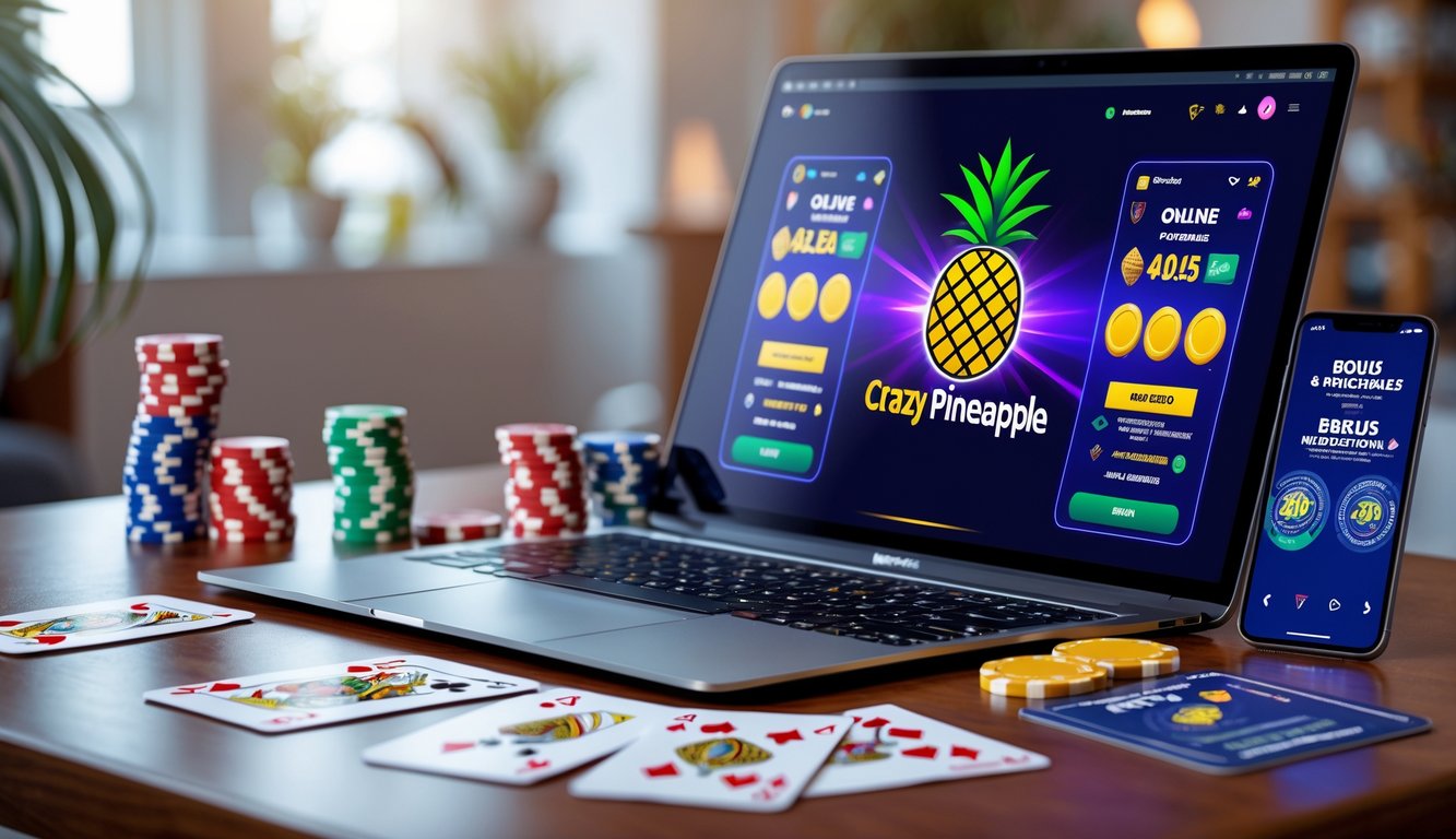 Meja dengan laptop yang menampilkan permainan poker online Crazy Pineapple, kartu remi dan chip poker tertata rapi, serta ponsel yang menunjukkan notifikasi bonus dan promo.