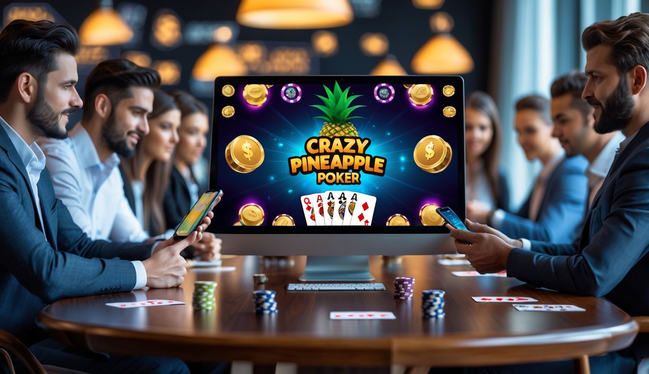 Beberapa orang bermain poker online Crazy Pineapple di meja dengan komputer dan perangkat digital, terlihat chip dan kartu poker, suasana fokus dan penuh strategi.