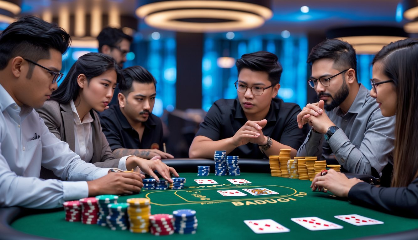 Sekelompok pemain poker sedang bermain Badugi di meja poker dengan kartu dan chip, menunjukkan suasana serius dan strategis.