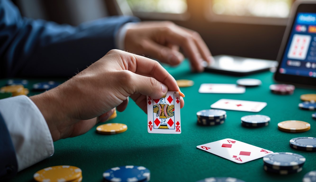 Seorang pemain poker sedang memegang kartu Badugi di meja poker dengan chip dan perangkat digital di sekitar.