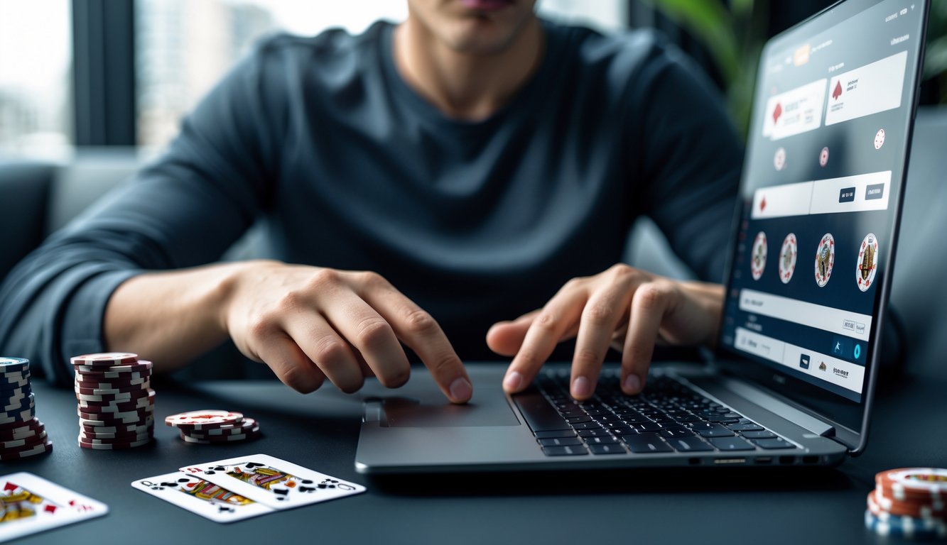Seorang pemain muda fokus bermain poker online Badugi menggunakan laptop di ruangan modern dengan chip poker dan kartu di sekitar.