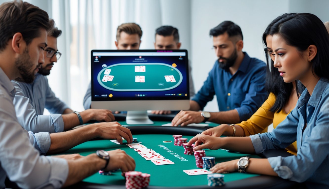 Beberapa orang sedang bermain poker online Badugi dengan fokus pada layar komputer dan kartu di tangan mereka.