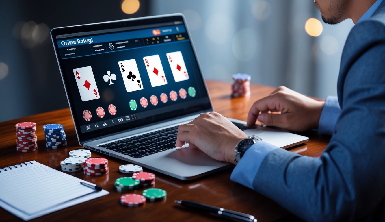 Seorang pria duduk di meja dengan laptop yang menampilkan permainan poker, dikelilingi kartu dan chip poker, tampak fokus menganalisis strategi taruhan.