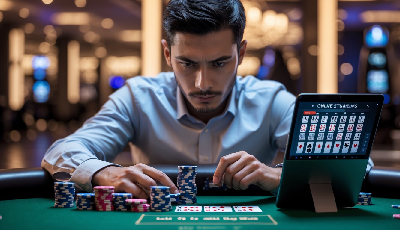 Seorang pemain poker sedang duduk di meja poker dengan kartu dan chip, fokus menganalisis kartu di tangannya dalam suasana ruangan permainan yang modern.