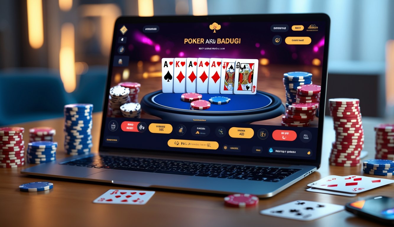 Seorang pemain sedang bermain poker online dengan kartu dan chip di meja, menampilkan kombinasi kartu terbaik dalam permainan.